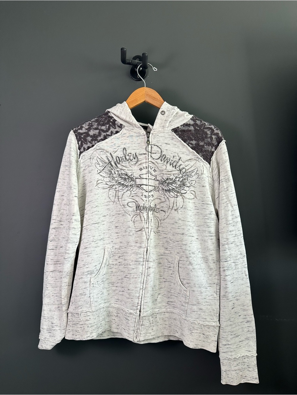 Harley-Davidson Light Gray Zip Hoodie with Black Lace Shoulder Panels